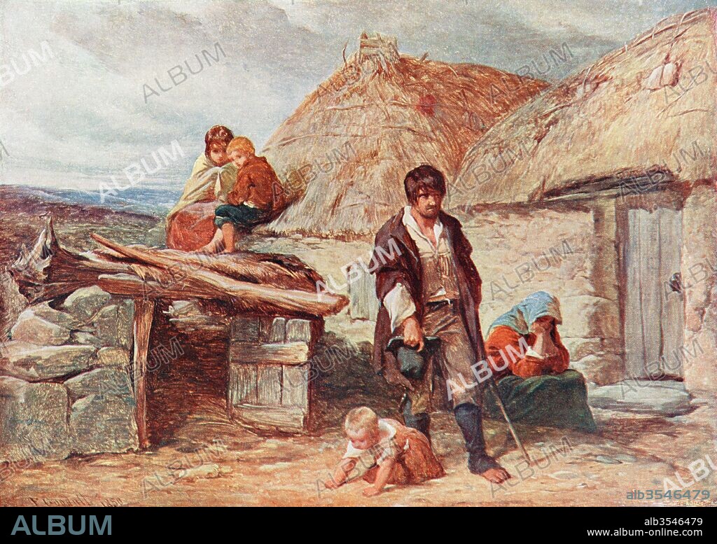 An Irish family evicted from their home during the Great Hunger in Ireland in 1850. After the painting by F. Goodall. From The Century Edition of Cassell's History of England, published c. 1900.