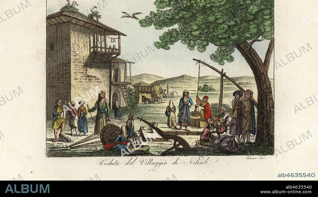 View of the village of Nikali, near Larissa, the capital of Thessaly, Greece. Villagers draw water from a well, a man plays a lute, women spin and weave. Copied from Edward Dodwell's Views of Greece. Handcoloured copperplate engraving by Sasso from Giulio Ferrario's Costumes Ancient and Modern of the Peoples of the World, Florence, 1847.