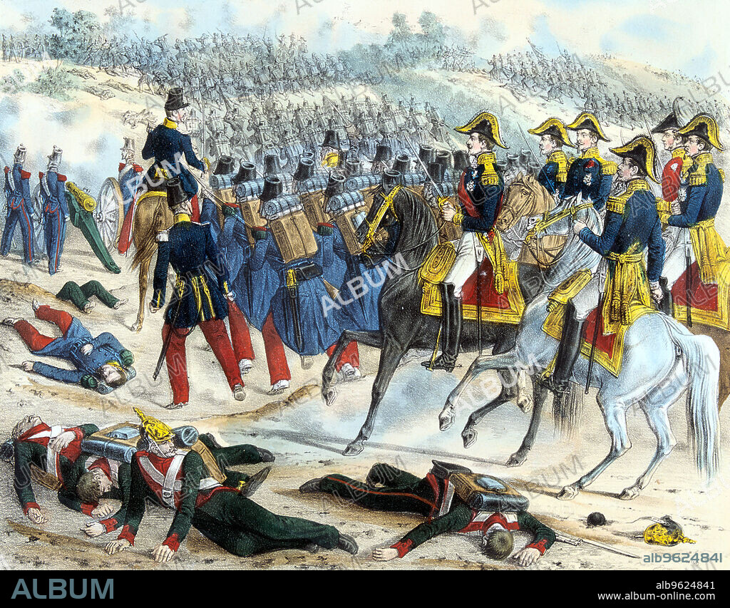 Battle of Alma, Crimean War, 20 September 1854 (c1860). French commanders with advancing infantry. 26,000 British troops commanded by Lord Raglan and 24,000 French under St Arnaud were victorious over Menshikov's Russian army at Alma. The victory opened the way for the British and French to advance on Sevastopol.