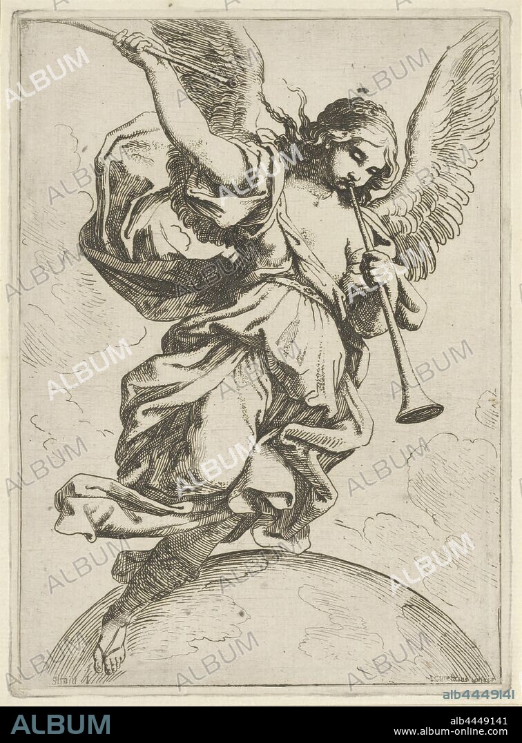 Fame, The winged fame standing on a globe, blowing on a trumpet, 'Fama', 'Fama buona', 'Fama chiara' (Ripa) (clothed with wings), Lorenzo Loli (mentioned on object), Italy, 1622 - 1691, paper, etching, h 195 mm × w 142 mm.