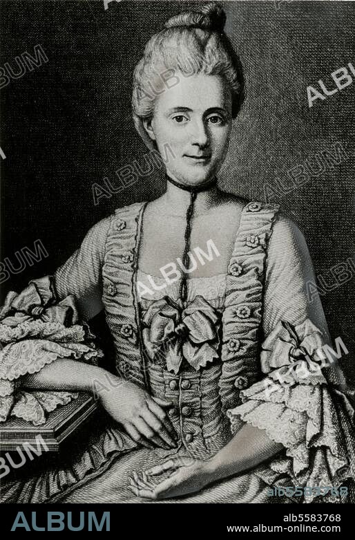 zu: Lessing, Gotthold Ephraim; Kritiker, Dichter u. Philosoph; 1729-1781. Eva Katharina König, geb. Hahn, in 1. Ehe verehel. (Engelbert) König, in 2. Ehe verehel. Lessing; Heidelberg 22.3.1736 - 10.1.1778. Porträt. Kupferstich nach dem Gemälde, 1772, von Georg Desmarées (1697-1776).