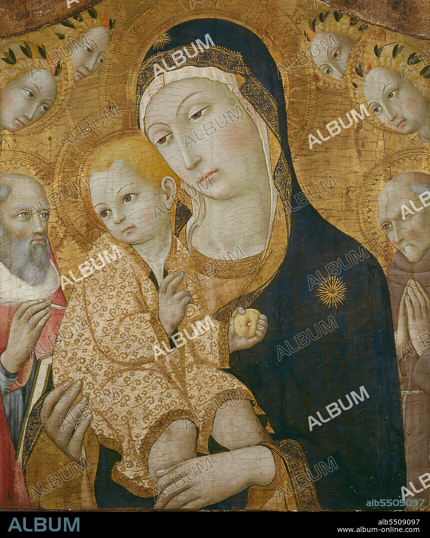 SANO DI PIETRO. Virgin and Child with Saints Jerome, Bernardino of Siena, and Angels, 1450/60. Detail from a larger artwork.