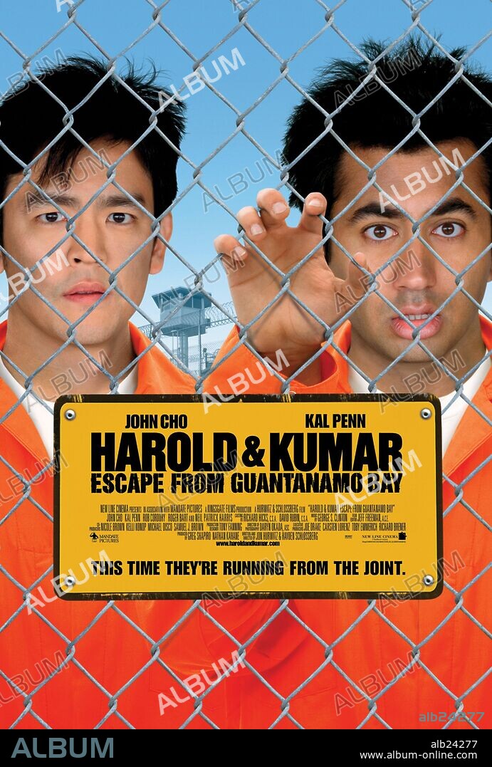 Poster of HAROLD & KUMAR ESCAPE FROM GUANTANAMO BAY, 2008, directed by HAYDEN SCHLOSSBERG and JON HURWITZ. Copyright KINGSGATE FILMS/MANDATE PICTURES/NEW LINE CINEMA.