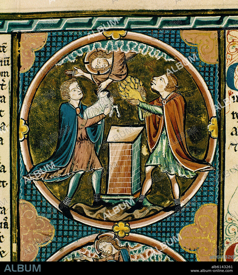 BIBLIA DE SAN LUIS FRANCIA-1226/34- CAIN Y ABEL HACEN SUS OFRENDAS A DIOS -MINIATURA GOTICA.