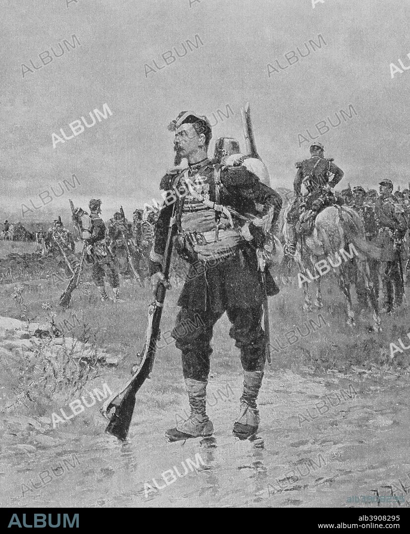 Guerra Franco-Prusiana (1870-1871). Tirador de la Guardia Imperial (Voltigeur de la Garde Imperiale). Grabado. Original por Alphonse Marie de Neuville (1835-1885). En Campagne, por Jules Richard. Obra editada en París en 1885. Biblioteca Histórico Militar de Barcelona. Cataluña. España.