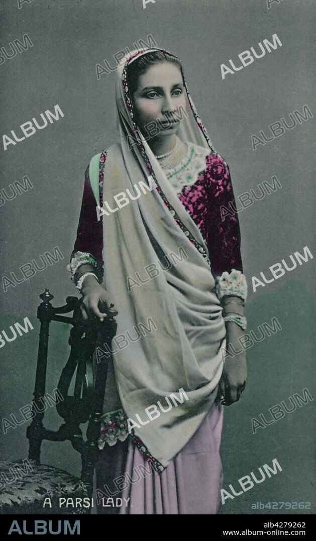 'A Parsi Lady', c1930s. Indian woman, a member of the Zoroastrian community. Postcard. [D. Macropolo & Co., Calcutta, India].