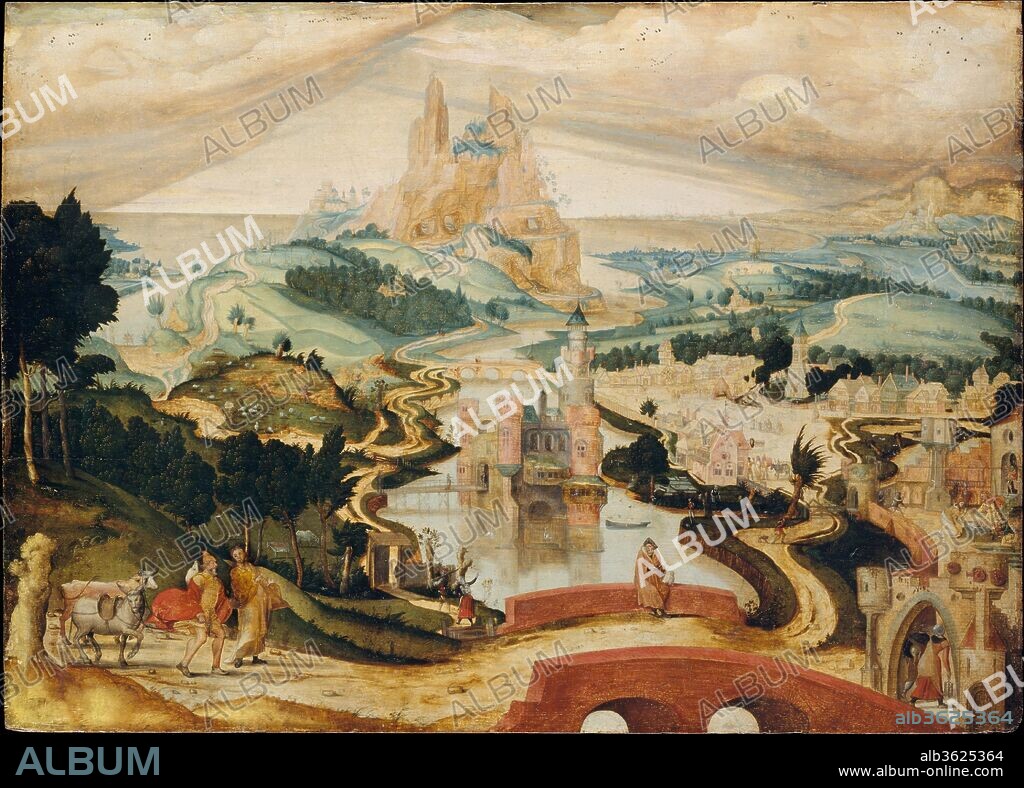 The Arrival in Bethlehem. Artist: Attributed to Master LC (Netherlandish, active second quarter 16th century). Dimensions: 26 1/2 x 36 7/8 in. (67.3 x 93.7 cm). Date: ca. 1540.
The development of landscape painting as an independent genre advances in this picture beyond the works of Patinir, since the religious narrative is more fully integrated into the extensive landscape. The viewer is invited to travel along with Joseph and Mary, who set out on their journey at the lower left. Farther along their way they are shown in the village, at an inn where they are refused entry. At the far right they appear again, kneeling in a courtyard in adoration of the newborn Christ.
The painting is unfinished, and the underdrawing is easily seen with the naked eye.