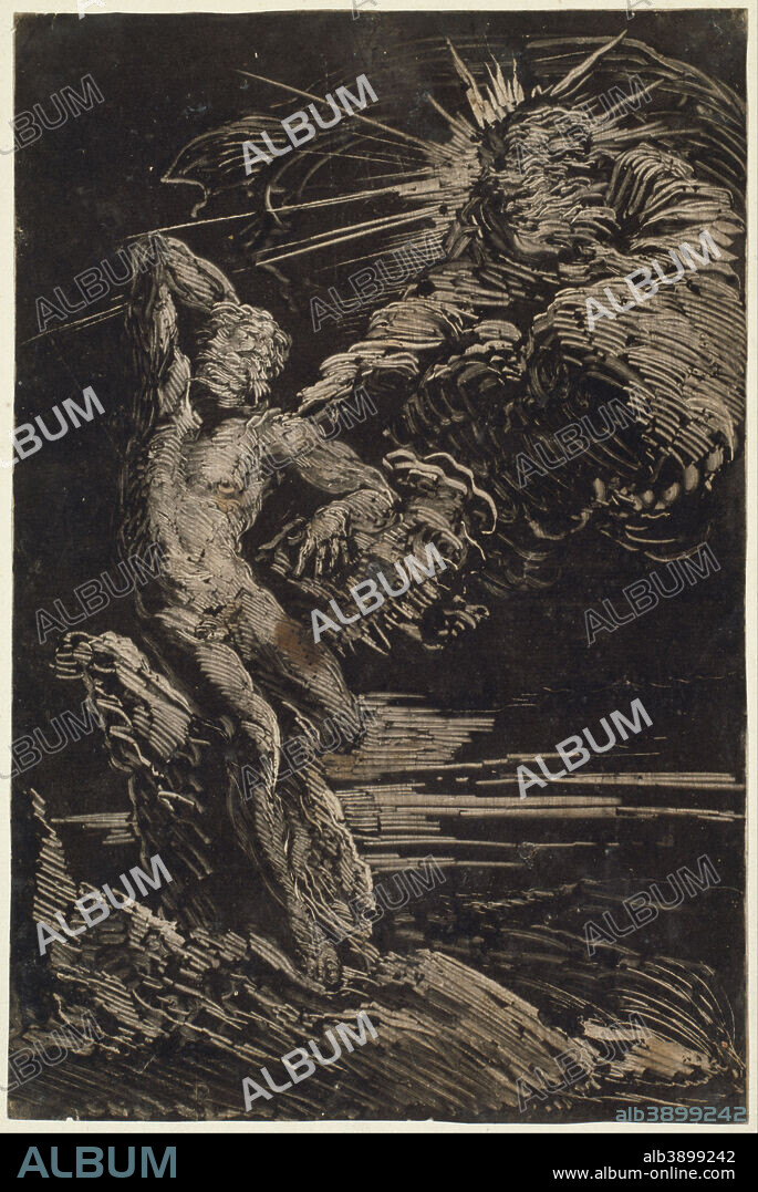 GIOVANNI BENEDETTO CASTIGLIONE. The Creation of Adam. Date/Period: Ca. 1642. Print. Monotype (dark manner) in black on ivory laid paper Monotype (dark manner) in black on ivory laid paper. Height: 303 mm (11.92 in); Width: 203 mm (7.99 in).