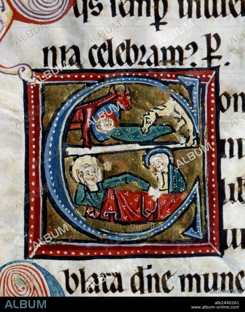 ARTE ROMANICO. ESPAÑA. "NACIMIENTO DE JESUS". Miniatura, folio 7v. "MISAL OXOMENSE". Anónimo del siglo XII. Archivo Biblioteca del Cabildo de la Catedral de El Burgo de Osma. Provincia de Soria. Castilla-León.