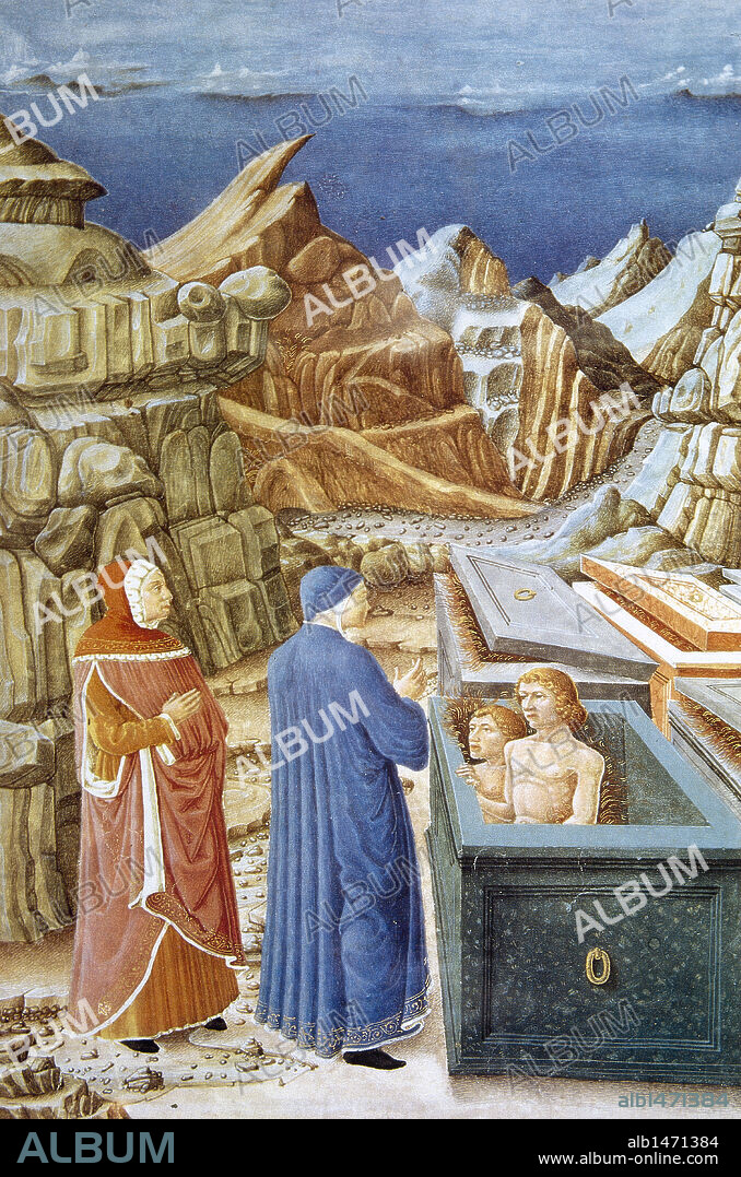 The Divine Comedy. Poem by Dante Alighieri (1265-1321). Miniature depicting Dante and Virgil in Hell. The meeting of Dante with Farinata degli Uberti and Cavalcante de Cavalcanti. Folio 25 r. 1480-1482. Painted by Guglielmo Giraldi (active 1445-1490). Vatican Apostolic Library. Vatican City.