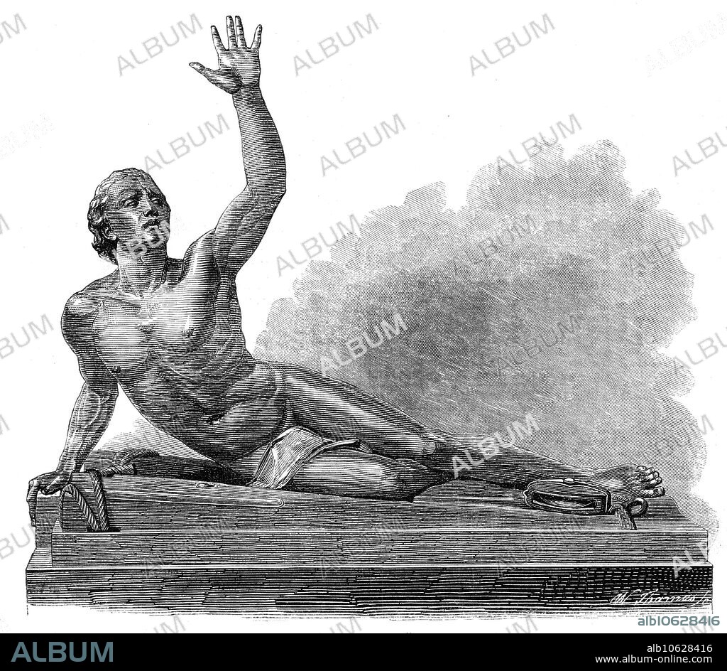 W THOMAS. The International Exhibition: bronze statue, "The Castaway", by Charles Fuller, 1862. '...an example of the excellent casting of the Italian founder Clemente Papi...entitled in the catalogue "A Shipwrecked Man"...The only accessory is the piece of the wreck, a portion of the "crosstrees" as they are technically called, with ropes and pulley, by which the man has reached shore...He is faint, bruised, and exhausted, but he makes a desperate effort to hail for assistance. There is no certain gleam of hope in his eye, however; no expression of actual recognition in his face. He has reached a lonely, deserted, perhaps inhospitable, coast. Thus are our sympathies awakened and thus are we left to speculate, a true artist often telling most by what he leaves untold. The idea of this subject is also very happily conceived, in that it permits the introduction of the nude without any obvious improbability...The sculptor has taken advantage of this scope afforded by the subject to display, though not parade, a thorough knowledge of anatomy in every part of the modelling. There is, indeed, nothing unnatural, forced, improbable, or slighted in this very effective work...'. From "Illustrated London News", 1862.