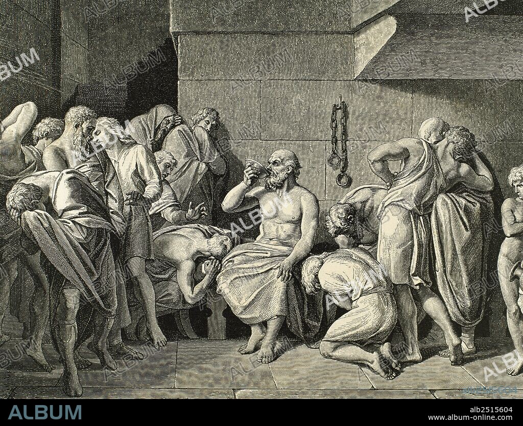 Socrates (c.469-399 BC). Classical Greek philosopher. The Death of Socrates. He was sentenced to die by drinking poison hemlock. Engraving. 19th century.