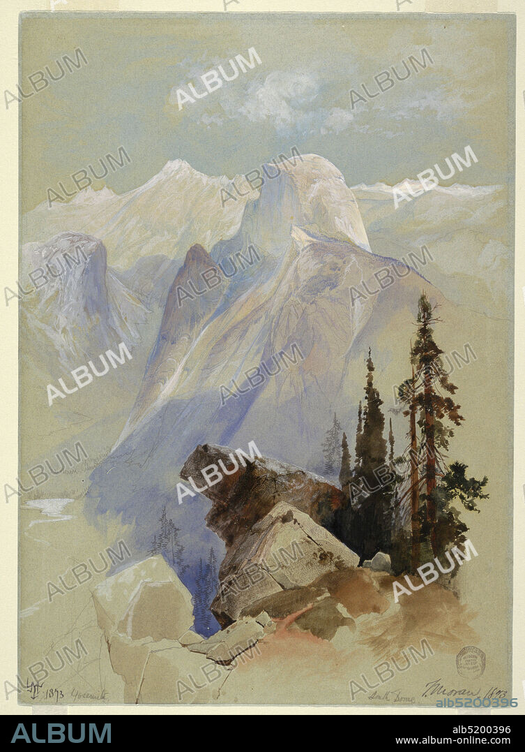 Half Dome, Yosemite, Thomas Moran, American, b. Britain, 18371926, Brush and watercolor, white gouache, graphite on blue-gray wove paper, Vertical vista features the granite peak of Half Dome, Yosemite, looming between boulders in the foreground and snowcapped mountains in the distance. In foreground, jutting rocks at center, pine trees and spruce at right., 1873, landscapes, Drawing, Drawing.