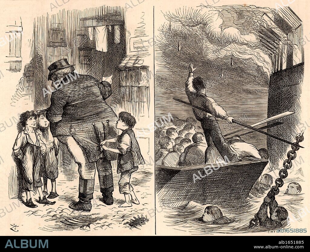 A Useful Manufacture: The "Raw Material" "Worked Up".  The Burning of the Royal Navy training ship 'Goliath', 1876. Destitute boys from the London streets and workhouses were given places on board naval training ships such as 'Chichester', 'Arethusa', 'Shaftesbury' and 'Goliath' and trained to become sailors. When fire broke out on the 'Goliath', because of their training, the boys knew their stations and responded to command and were saved. Cartoon by John Tenniel (1820-1914) from "Punch" (London, 8 January 1876) showing John Bull rescuing the boys from poverty, left, and the boys being resuced from the fire, right.  (Photo by: Universal History Archive/UIG via Getty Images).