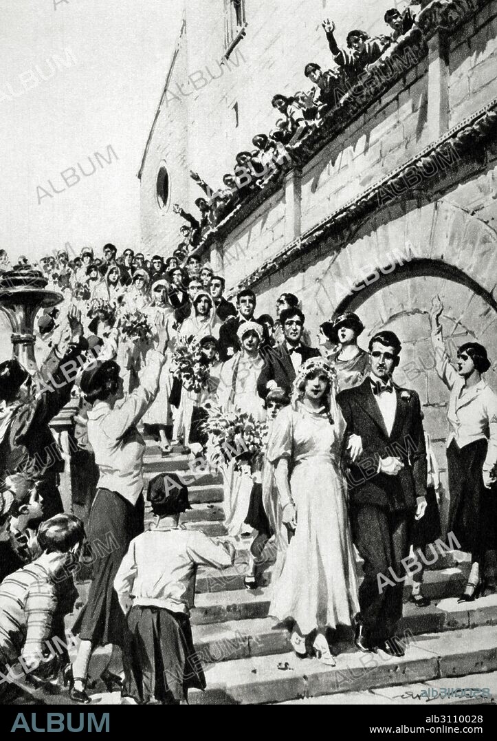 SEGUNDA GUERRA MUNDIAL) 1939-1945). Sociedad. Celebración de boda de distintas parejas italianas. Grabado. Siglo XX.