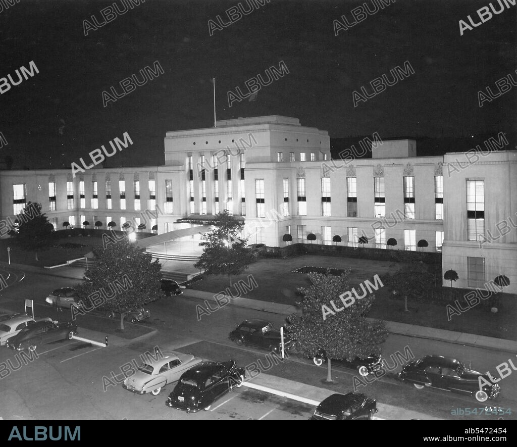 Night shot of Metro-Goldwyn-Mayer Studio's Thalberg Building, completed in 1938 and named after famed producer Irving Thalberg, Hollywood, CA, 1953. (Photo by MGM/United States Information Agency/GG Vintage Images).