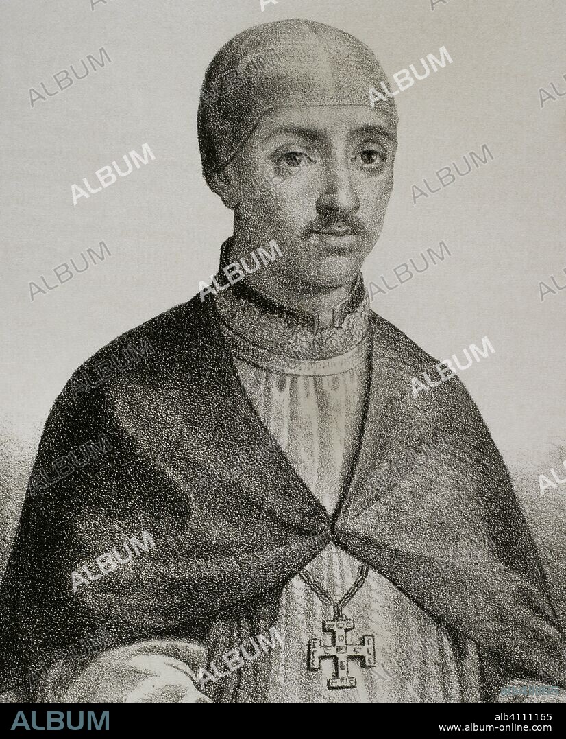 Pedro González de Mendoza (1428-1495). Eclesiástico, político, militar y mecenas castellano. Conocido como Gran Cardenal de España. Perteneciente al linaje de la Casa Mendoza. Dibujo por Llanta, detalle. Litografía. Crónica General de España, Historia Ilustrada y Descriptiva de sus Provincias. Castilla-La Nueva, 1869. Biblioteca Histórico Militar de Barcelona, Cataluña, España.