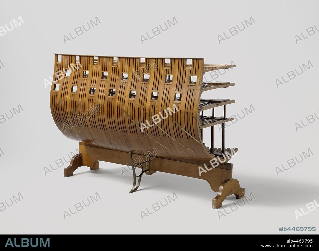 Model or Part of a 74-Gun Ship of the Line, Longitudinal cross section from the middle part of the hull of a ship, on a stand. The skin has been omitted and the model shows the construction with a diagonal connection according to Soetermeer's system on fifteen-part trusses. Four decks are indicated, two with diagonal warp in the web, the deck beams are supported by brass knees. The model has twenty one ports. 1:40 scale, De Ruyter (ship), Rijkswerf Vlissingen (possibly), Flushing (possibly), c. 1833, wood (plant material), brass (alloy), model: h 46.2 cm × w 65 cm × d 27 cm packaging capsule: h 50.5 cm × w 68.5 cm × d 29.5 cm.