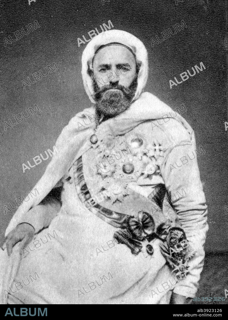 Abd al-Qadir, Algerian Sufi and political and military leader, 1875. Regarded by Algerians as their national hero, Abd al-Qadir led the resistance to the French invasion of the country in the mid 19th century. A photograph from Album de Photographies, Dans L'Intimite de Personnages Illustres, 1850-1950, Editions MD, 22 Rue de L'Arcade, Paris 8, 1850-1950.