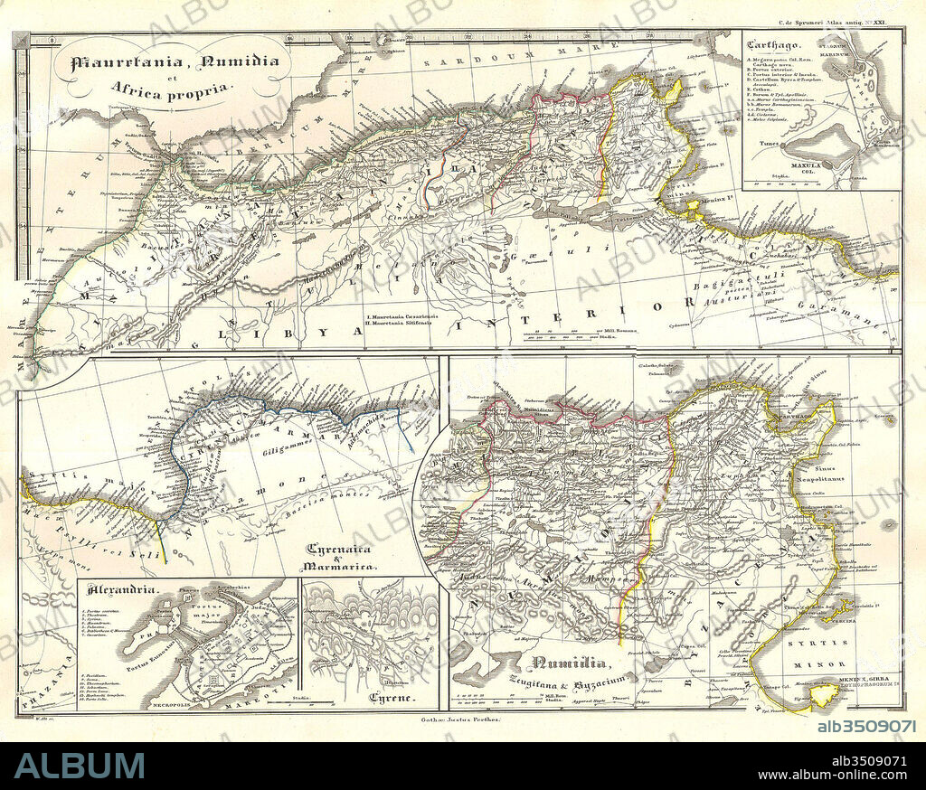 1855, Spruneri Map of North Africa in Ancient Times, Carthage, Numidia, Alexandria.