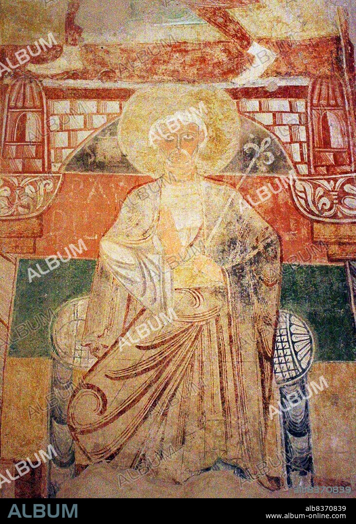 The Hermitage of San Baudelio de Berlanga (Ermita de San Baudelio de Berlanga) is an early 11th-century church at Caltojar in the province of Soria, Spain, 80 km south of Berlanga de Duero. It is an example of Mozarabic architecture and was built in the 11th century, in what was then the frontier between Islamic and Christian lands. It is dedicated to Saint Baudilus or Baudel.<br/><br/>. The hermitage housed many fine Romanesque frescoes from about 1125; most of these have been removed, but some have remained. Two sections, transferred to canvas, are now in the Indianapolis Museum of Art, showing the Entry of Christ into Jerusalem and the Wedding at Cana.<br/><br/>. The paintings were done by the Catalan Master of Tahull (Taüll in Catalan), whose best known works are in Sant Climent de Taüll and the Museu Nacional d'Art de Catalunya in Barcelona, with two other painters. The frescoes include that of a camel and of a war elephant, which were inspired by Muslim motifs.