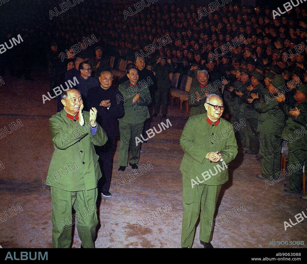 Leadership of China following the death of Mao Zedong in 1976. Ye Jianying, (right) the top military leader in the 1976 coup that overthrew the Gang of Four and ended the Cultural Revolution. Hua Guo Feng Chinese leader 1976 - 1981 (left). Li Xiannian (black uniform); President of the People's Republic of China between 1983 and 1988 and Wang Dongxing (centre green tunic), chief of Mao Zedong's personal bodyguard force.