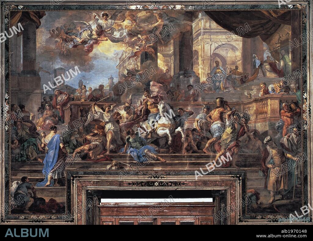 Expulsion of Heliodorus, 1725, fresco by Francesco Solimena (1657-1747), Church of Gesu' Nuovo or Trinita' Maggiore, Naples, Campania. Italy, 18th century.