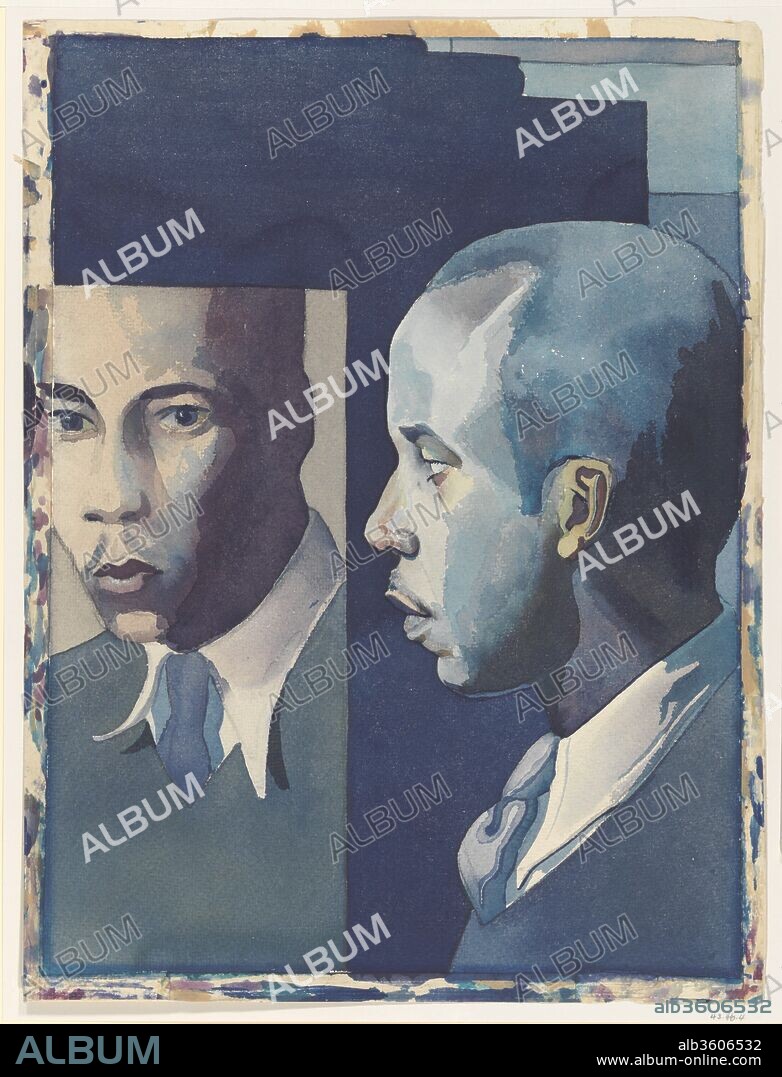 JR. SAMUEL JOSEPH BROWN. Self-Portrait. Artist: Samuel Joseph Brown, Jr. (American, 1907-1994). Dimensions: H. 20 1/4, W. 15 3/8 in.
(51.4 x 39.1 cm). Date: ca. 1941.
Samuel Brown received a Masters degree in Fine Arts from the University of Pennsylvania, and quickly established himself as an expert watercolorist.  He had the distinction of being the first African American hired by the Public Works of Art Project (PWAP), the government's initial work-relief program for the arts, and later, he worked for the WPA in Philadelphia as both a painter and printmaker.  Brown's small relief print, Fireplug, is also included in this exhibition.  Here we are confronted by his large self-portrait, a deceptively complex composition that presents (improbably) both profile and ¾ views. While we look at him from these dual perspectives, the artist studies himself in the mirror, as his reflection, likewise, studies us.