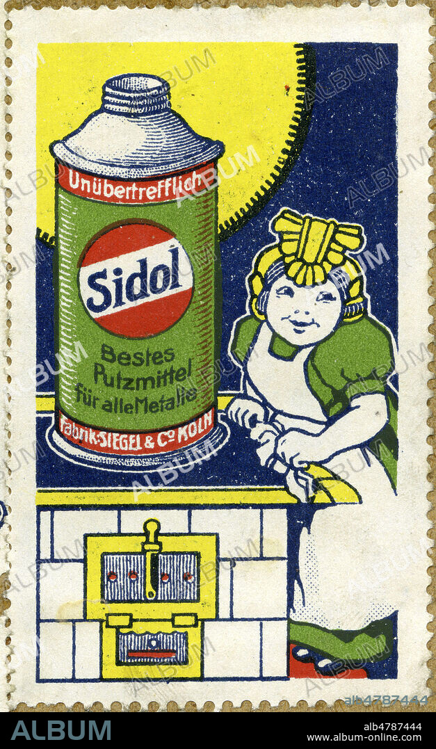 Une menagere nettoie sa cuisiniere. Publicite allemande pour le produit d'entretien SIDOL. Illustration anonyme pour une vignette publicitaire vers 1920. Credit : Collection IM/KHARBINE-TAPABOR.