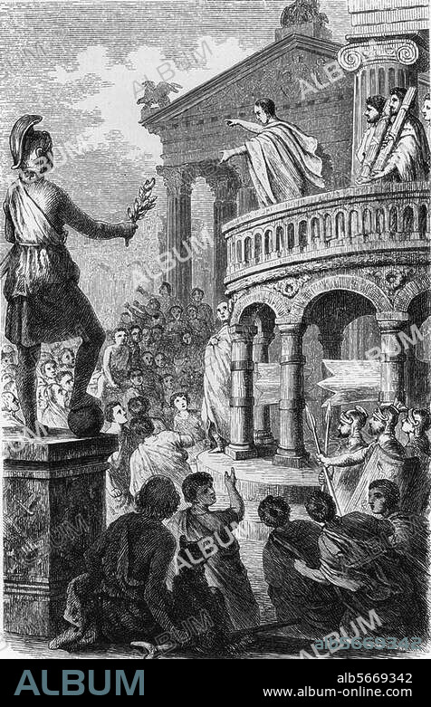 ANONYM. Cicero, Marcus Tullius lat. Redner, Politiker u. Schriftsteller Arpinum 3.1.106 v. Chr. (ermordet) bei Formiae 7.12.43 v. Chr. "Cicero auf der Rednerbühne". Holzstich. Aus: Hermann Göll, Die Weisen und Gelehrten des Alterthums, 2. Aufl. Leipzig. (Otto Spamer) 1876.