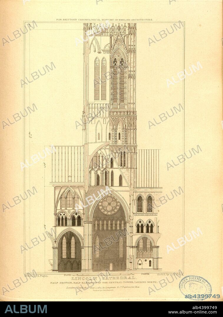 Lincoln Cathedral, half section, half elevation of the central tower, looking north, Lincoln Cathedral, Lincolnshire, signed: Drawn by A. Pugin; Etch'd by J. Le Keux; Published by Longman & Co, Fig. 55, after p. 260, Pugin, Augustus Charles (drawing); Keux, John Le (etching); Longman & Co. (published), 1821, John Britton: The architectural antiquities of Great Britain: represented and illustrated in a series of views, elevations, plans, sections and details of various ancient English edifices: with historical and descriptive accounts of each. Bd. 5. London: J. Taylor, 1807-1826.