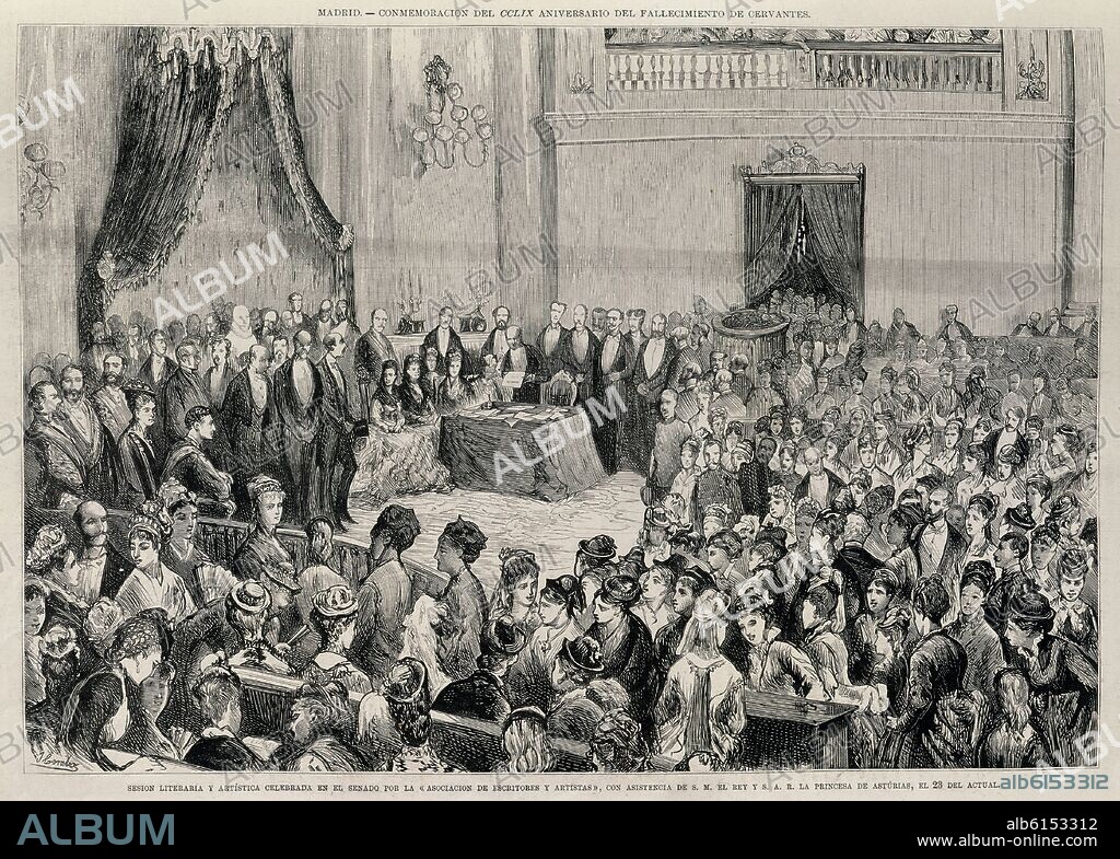 JUAN COMBA GARCIA (1852-1924). SESION LITERARIA Y ARTISTICA EN EL SENADO EL 23/04/1875 CON ALFONSO XII Y LA PRINCESA DE ASTURIAS- ILUSTRACION ESPAÑOLA Y AMERICANA - SIGLO XIX.