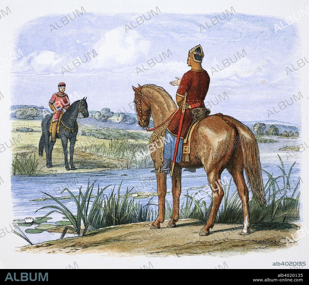 Henry of Anjou and Stephen confer across the Thames, 1153 (1864). Henry of Anjou (1133-1189) and Stephen of Blois (1096-1154) confer across the Thames about the rightful heir to the throne and agree a truce. A grandson of William the Conqueror, Stephen usurped the English throne after the death of Henry I. Matilda of England, Henry's daughter, also claime the throne, prompting a civil war, in which Stephen eventually emerged victorious. Henry of Anjou was Matilda's eldest son, and although she gave up her attempts to take the throne in 1147, Henry retained ambitions of securing the crown. In 1153 he invaded England and the following year was able to persuade Stephen to sign the Treaty of Wallingford, which enabled Stephen to retain the crown until his death, but made Henry his successor.