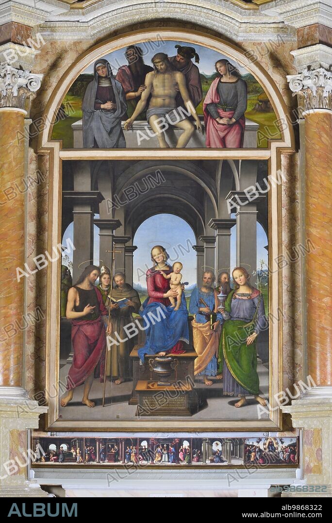 Fano (Italy, Marches. Province of Pesaro-Urbino). Church of Santa Maria Nuova, Pietro Vannucci known as Il Perugino, Altarpiece from Fano (Virgin and Child with Saints John the Baptist, Louis of Toulouse, Francis of Assisi, Peter and Mary Magdalene; Pietà in the cymatium with Saint Joseph of Arimathea and St. Nicodemus), oil on panel, 1488-89.