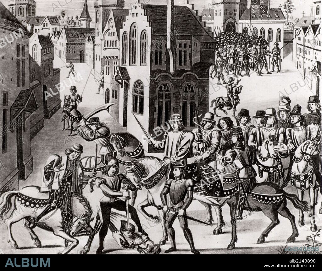 The Peasants' Revolt of 1381 in England began in Brentwood, Essex as a protest at the collection of poll tax and reached a climax at Smithfield, London. Richard II (1367-1800) met the Kentish peasants who, under Watt Tyler (d1381), were demanding the end of serfdom. During the meeting William Walworth (d1385) Lord Mayor of London, wounded Wat Tyler who was taken to St Bartholomew's Hospital but was later dragged out of the hospital and beheaded. 19th century lithograph. (Photo by: Universal History Archive/UIG via Getty Images).