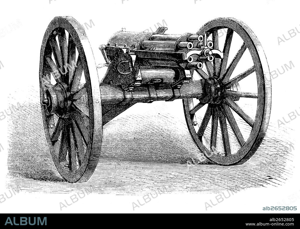 Armas. Cañón revólver inventado por Richard Gatling (Indianápolis). Grabado de 1867.