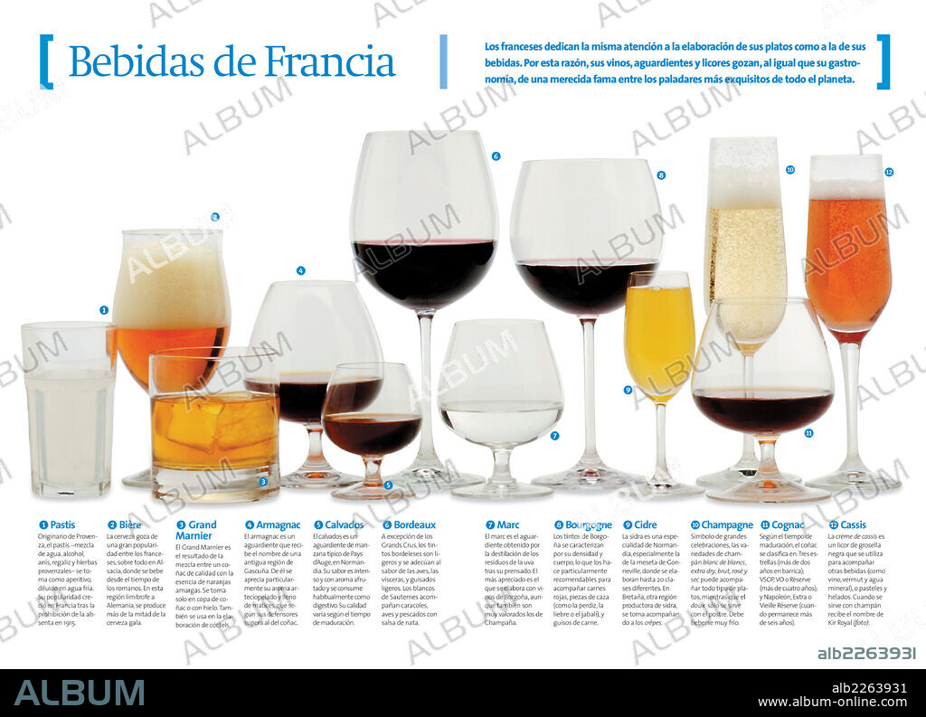 Bebidas de Francia. Infografía sobre los diferentes tipos de bebida que se elaboran en Francia.