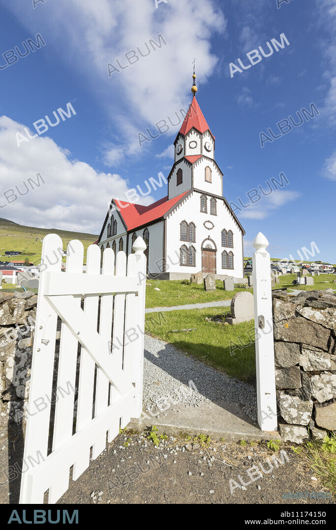 Church of Sandavagur, Vagar Island, Faroe Islands, Denmark, Europe.