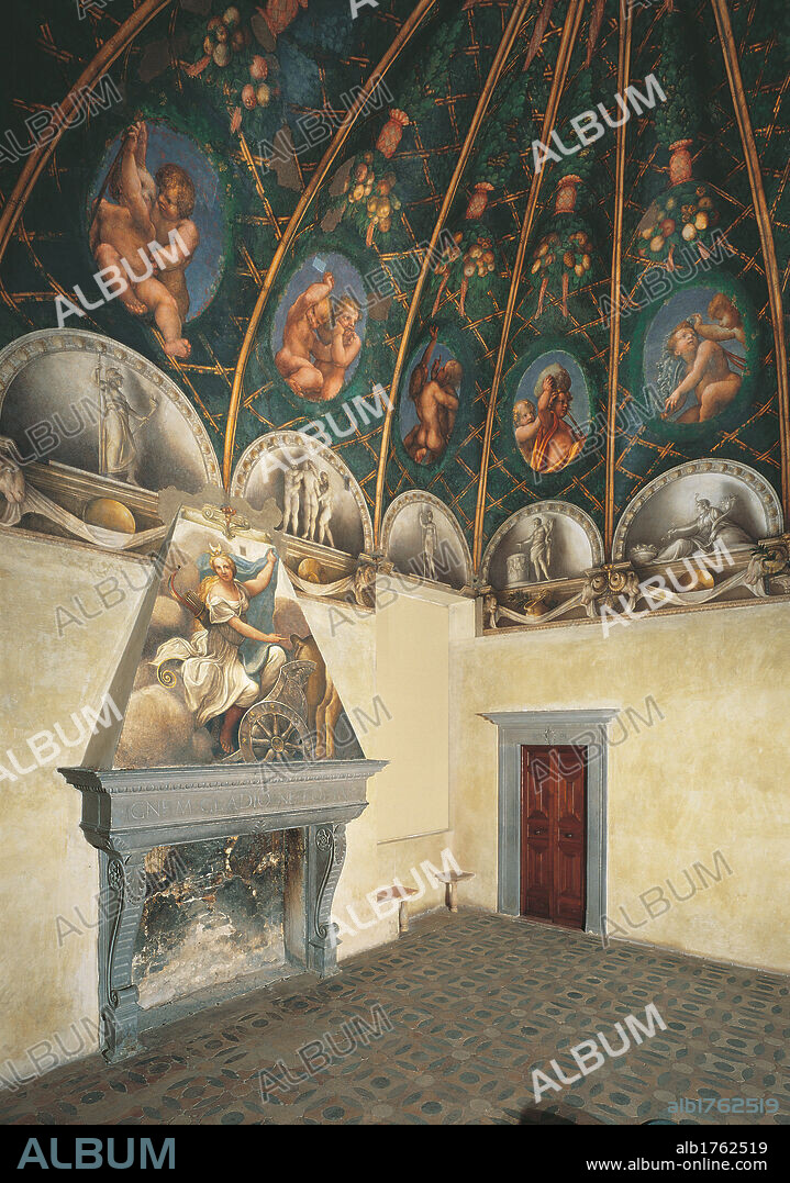 Frescoes in the Camera della Badessa at the Convent of St Paolo in Parma, by Antonio Allegri known as Correggio, 1519 about, 16th Century, fresco, cm 697 x 645. Italy, Emilia Romagna, Parma, San Paolo Monastery, Camera della Badessa. Detail. Wall view floor room fireplace Diana quiver arrows half moon crescent chariot coach decoration ceiling arbor pergola cane fencing slate fencing monochrome lunettes ovals ovattes putti festoons fruits green light blue azure gray. Authorization required for non editorial use.