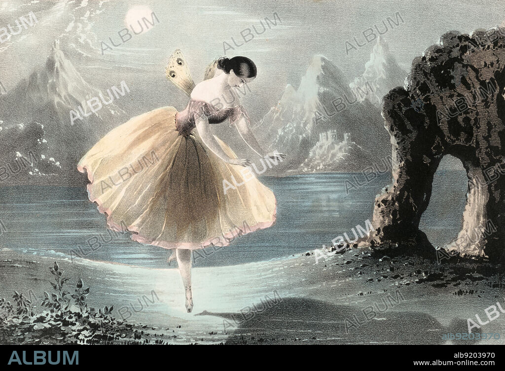Fanny Ellsler in the shadow dance in the ballet Ondine. Fanny Elssler (1810-1884) was an Austrian ballerina of the Romantic Period. Lithograph by Nathaniel Currier, 1846.