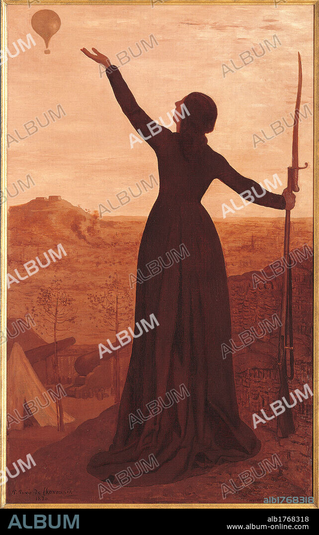 The Balloon, by Pierre Puvis de Chavannes, 1870, 19th Century, oil on canvas, cm 136,7 x 86,5. France, Ile de France, Paris, Muse dOrsay, RF1987-21. All. Woman dress rifle cannons curtain brown.