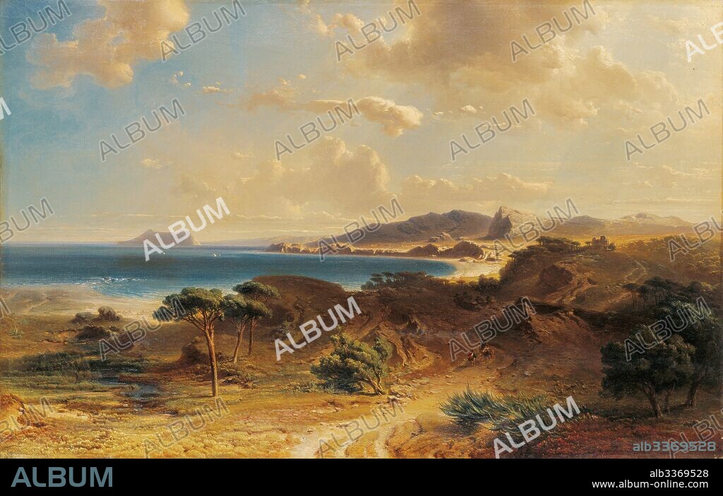 FRITZ BAMBERGER (FRIEDRICH). Beach at Estepona with a View of the Rock of Gibraltar.