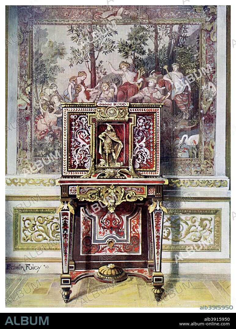 Boulle marriage casket (coffret de mariage), 1910. Andre Charles Boulle (1642-1732) was a French cabinetmaker. He is generally considered to be the finset exponent of marquetry and gave his name to a fashion of funiture inlaying (Boulle work). A print from The Book of Decorative Furniture, Volume I, TC and EC Jack Limited, 35 Paternoster Row, and Edinburgh, 1910.