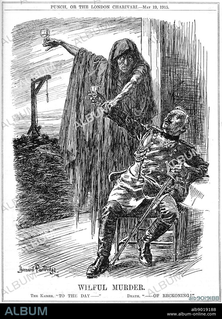 Punch cartoon on the sinking of the Lusitania, 1915. A German submarine torpedoed the Lusitania off the Irish coast on 7 May 1915. Although unarmed, she was carrying munitions. 1,198 people lost their lives, of whom 128 were US citizens. This satirical illustration, titled 'Wilful Murder', shows the depth of anti-German feeling two weeks after the tragedy. The German Kaiser proposes a toast 'To the Day...', '...of reckoning!', finishes Death, pointing to the gallows. From 'Punch', 19 May 1915.