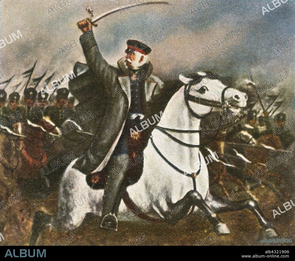 Field Marshal Blücher, (1936). 'Feldmarschall Blücher'. Prussian Generalfeldmarschall Gebhard Leberecht von Blücher, Fürst von Wahlstatt (1742-1819) earned his greatest recognition after leading his army against Napoleon I at the Battle of the Nations at Leipzig in 1813 and the Battle of Waterloo in 1815. From "Bilder Deutscher Geschichte", (Pictures of German History), No.12, cigarette card album. [Cigaretten-Bilderdienst, Altona-Bahrenfeld, Hamburg, Germany, 1936].