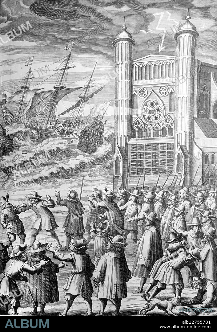 Allegory of the ship of state wrecked in the civil war by Parliament, with king (Charles I) thrown overboard. Illustration, J. Nalson, An Impartial Collection (2 vols. 1683), frontispiece.
