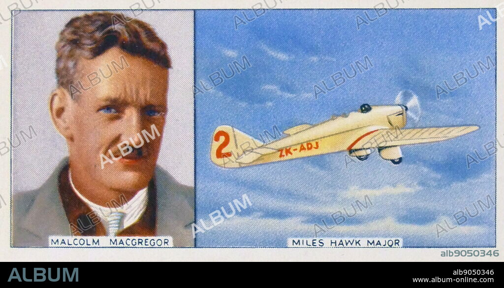 Illustration depicting Captain Malcolm C. McGregor and his plane Miles Hawk Major. Captain Malcolm C. McGregor (1896-1936) a New Zealand born World War I flying ace. Dated 20th Century.