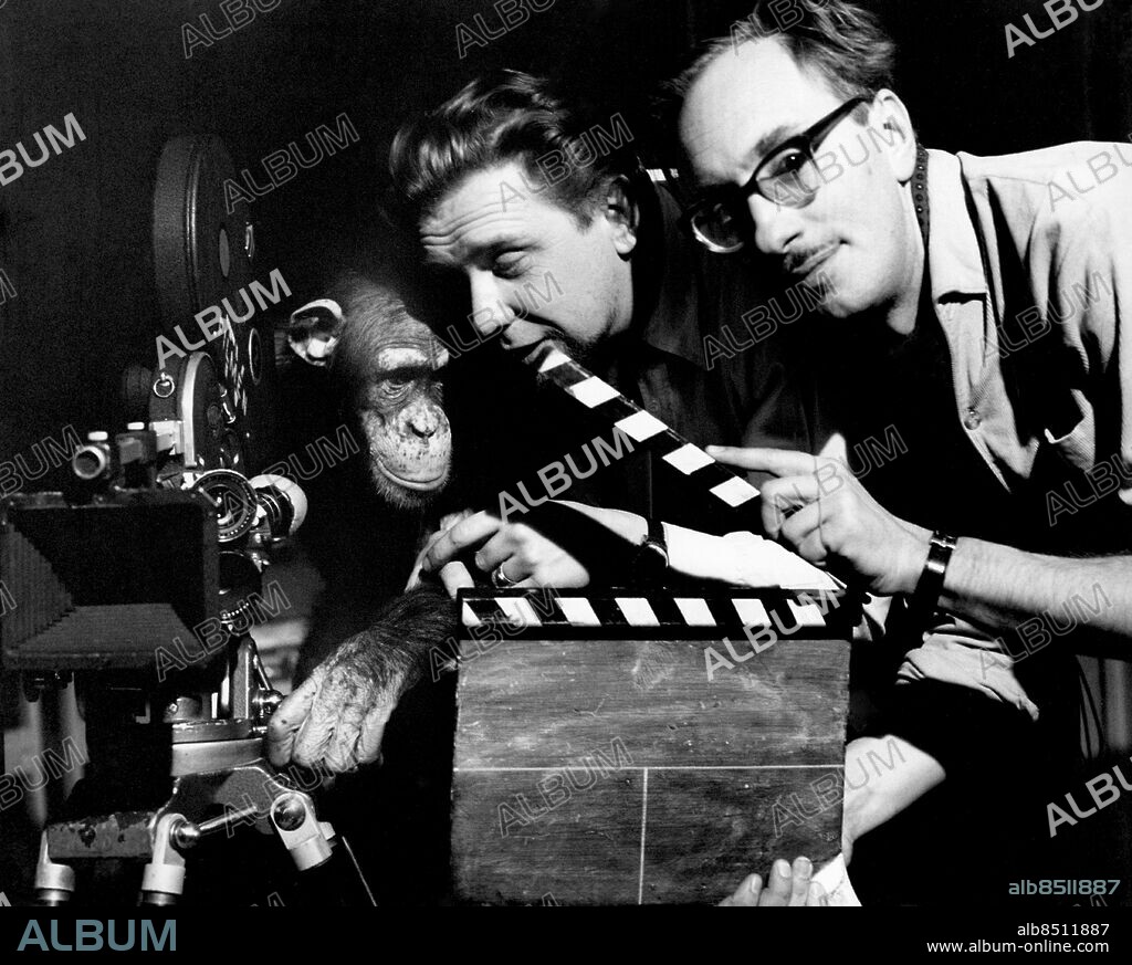 ARKIV 1959.. PRISMA. Sänt första gången 1959-11-23. Yngve Nordwall (t.v.), skådespelare och regissör, och Ilgars Linde, TV-producent, gör ett filminslag med en apa till en pjäs av Werner Aspenström.. Foto: Bertil S-son Åberg / SVT / Kod: 5600. Bild publ. i RiR 50/59.. Mapp: TV-Personal Diverse L 25. Klappor Apor Chimpanser Filmkameror.