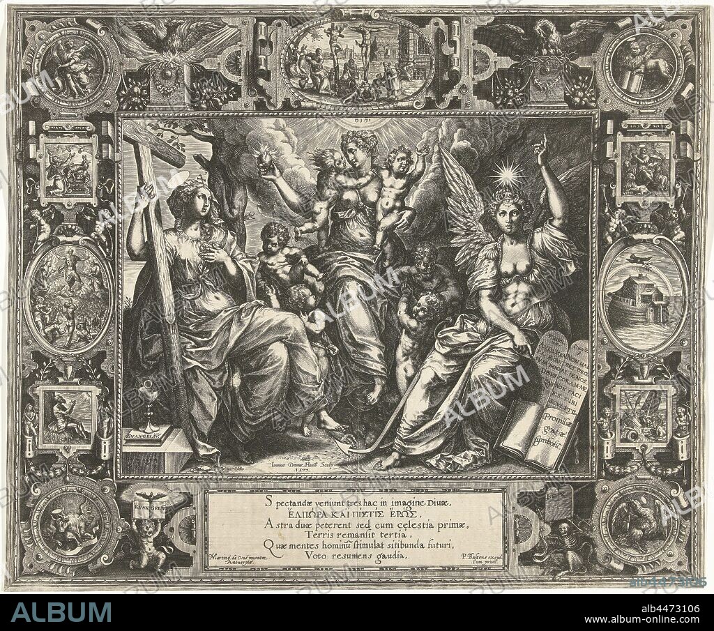 Three virtues of faith, love and hope, Three divine virtues of faith, love, presented as charity personification, and hope. In a frame with four medallions with symbols of the evangelists in the corners, supplemented with cartouches with biblical representations: Crucifixion, sacrifice of Isaac, final judgment, Job on the dung trap, Daniel in the lions' den, Noah's ark after the flood and Jonah and the whale. Latin and Greek inscription in six lines, the Three Theological Virtues, the four symbols of the evangelists, the apocalyptic beasts, the crucifixion of Christ: Christ's death on the cross, Calvary (Matthew 27: 45-58, Mark 15: 33-45, Luke 23: 44-52, John 19: 25-38), 'Majestas Domini': Christ in mandorla seated on a rainbow or sphere and accompanied by the Tetramorph, the dove returns with an olive branch, story of Noah, Jan Ditmaer (mentioned on object), 1577, paper, engraving, h 362 mm × w 431 mm.