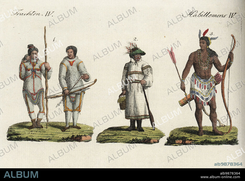 Costumes of the people of America, 18th century. Inuit man and woman of Greenland in sealskin parka, armed with bow, arrow and spear 1, Aleutian man in sealskin and birdskin coat, Unangan hunting hat, facial piercings, holding a kayak paddle 2, Algonquian Native American man from Virginia with feather headdress, tattoos, loincloth with animal tail, armed with bow and arrows 3. Handcoloured copperplate engraving from Friedrich Johann Bertuch's Bilderbuch fur Kinder (Picture Book for Children), Weimar, 1792.